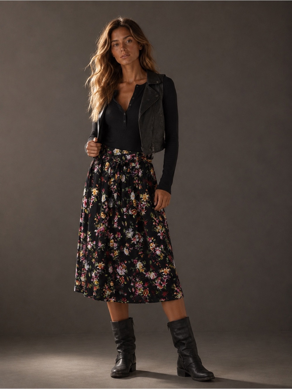 Philosophy Black Floral Belted Midi Skirt Small or XL